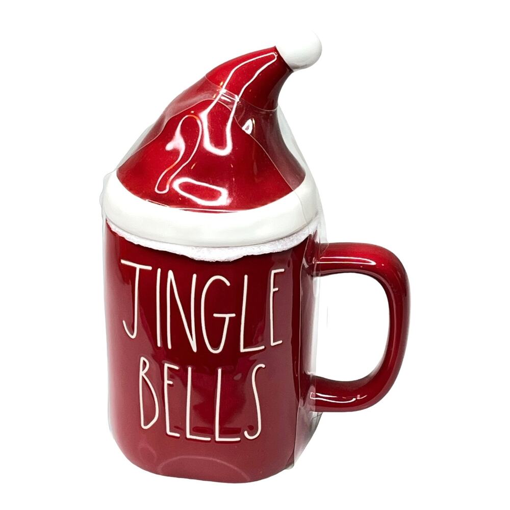 NEW Rae Dunn Jingle Bells Ceramic COFFEE MUG + TOPPER Cover Lid Santa Hat Red